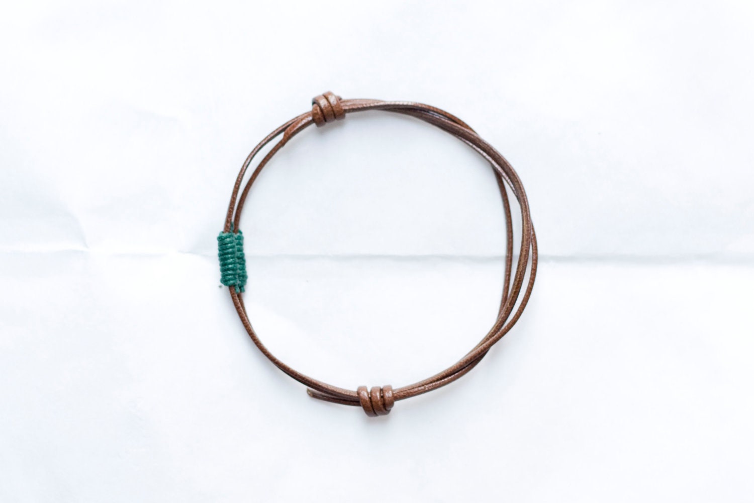 Green waxed cotton cord wrapped brown leather knotted adjustable unisex bracelet - gigeoxy