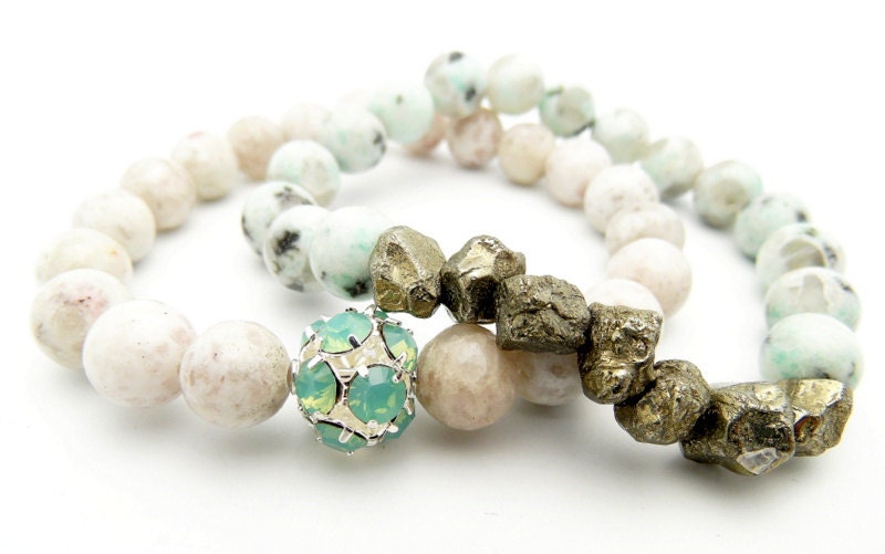 Stone Beaded Bracelets, White Jasper Beads, Silver Swarovski Crystal and Pyrite Stones, Opal Sky Blue Bracelet