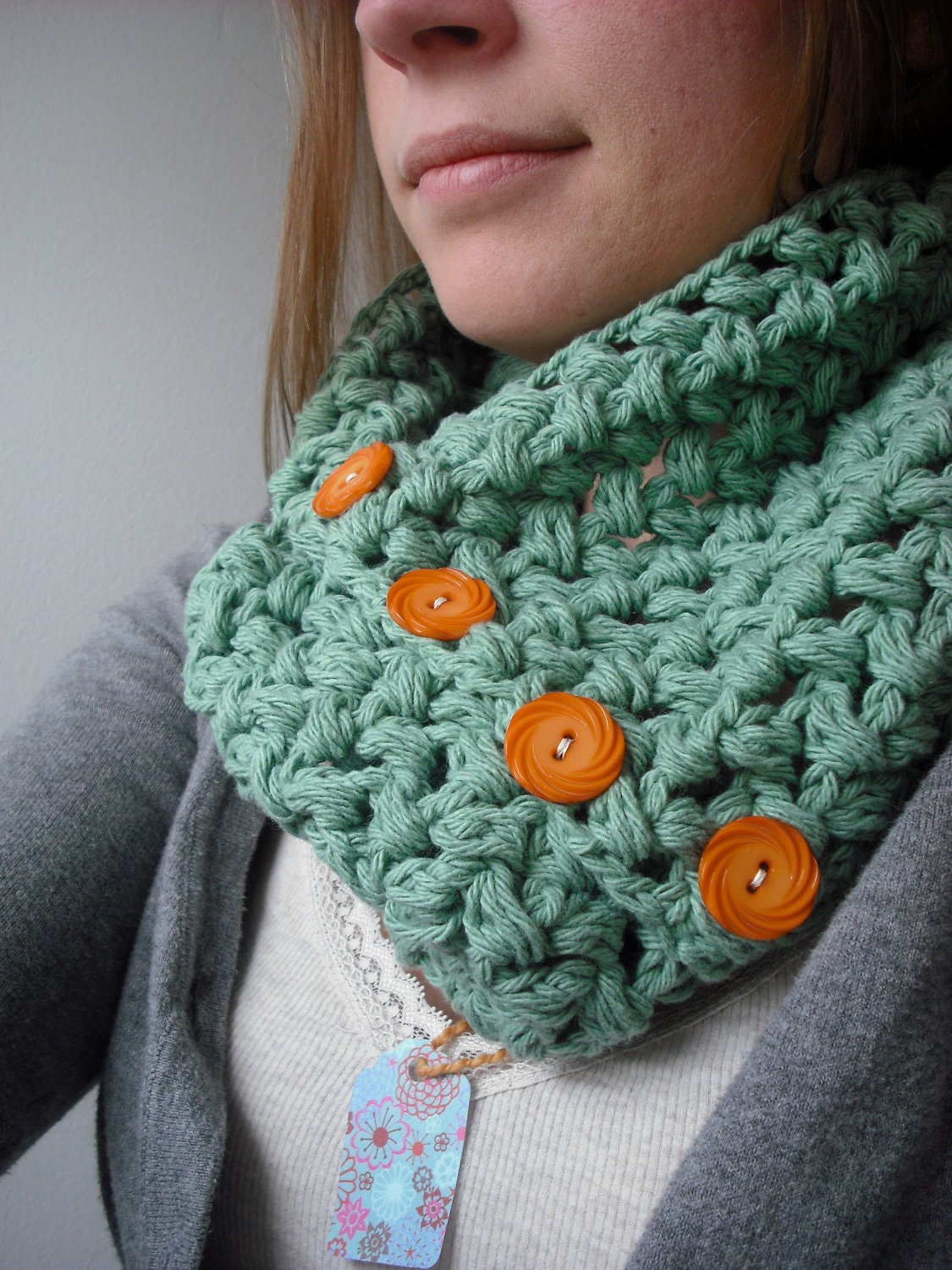 Ready to Ship Coffee House Cowl Seafoam Green with Orange Buttons