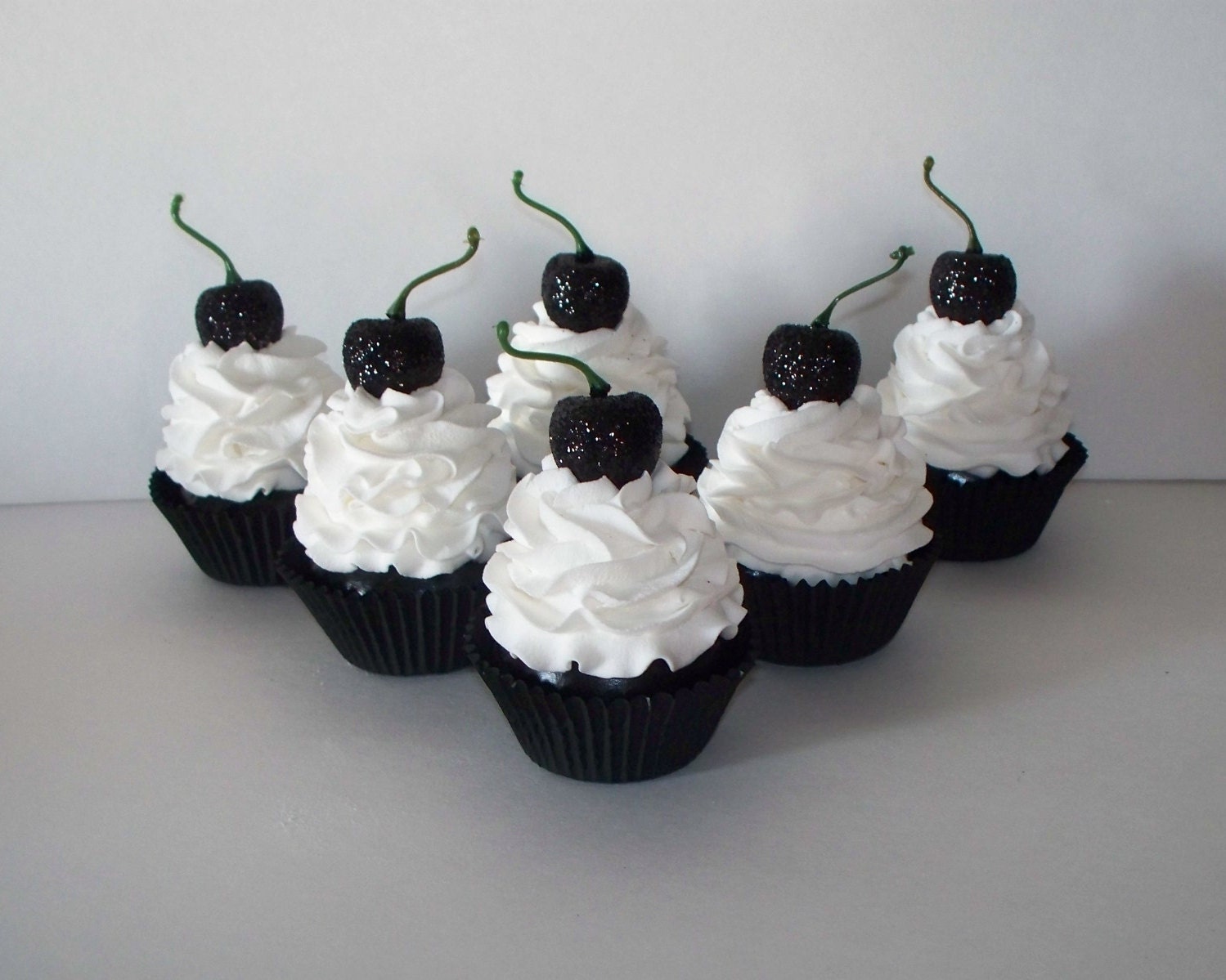 6 FAKE CUPCAKES, White Frosting, Licorice Cake, Black Sparkly Cherry,  Photo Props, Wedding Decor, Party Display, Black Friday Display