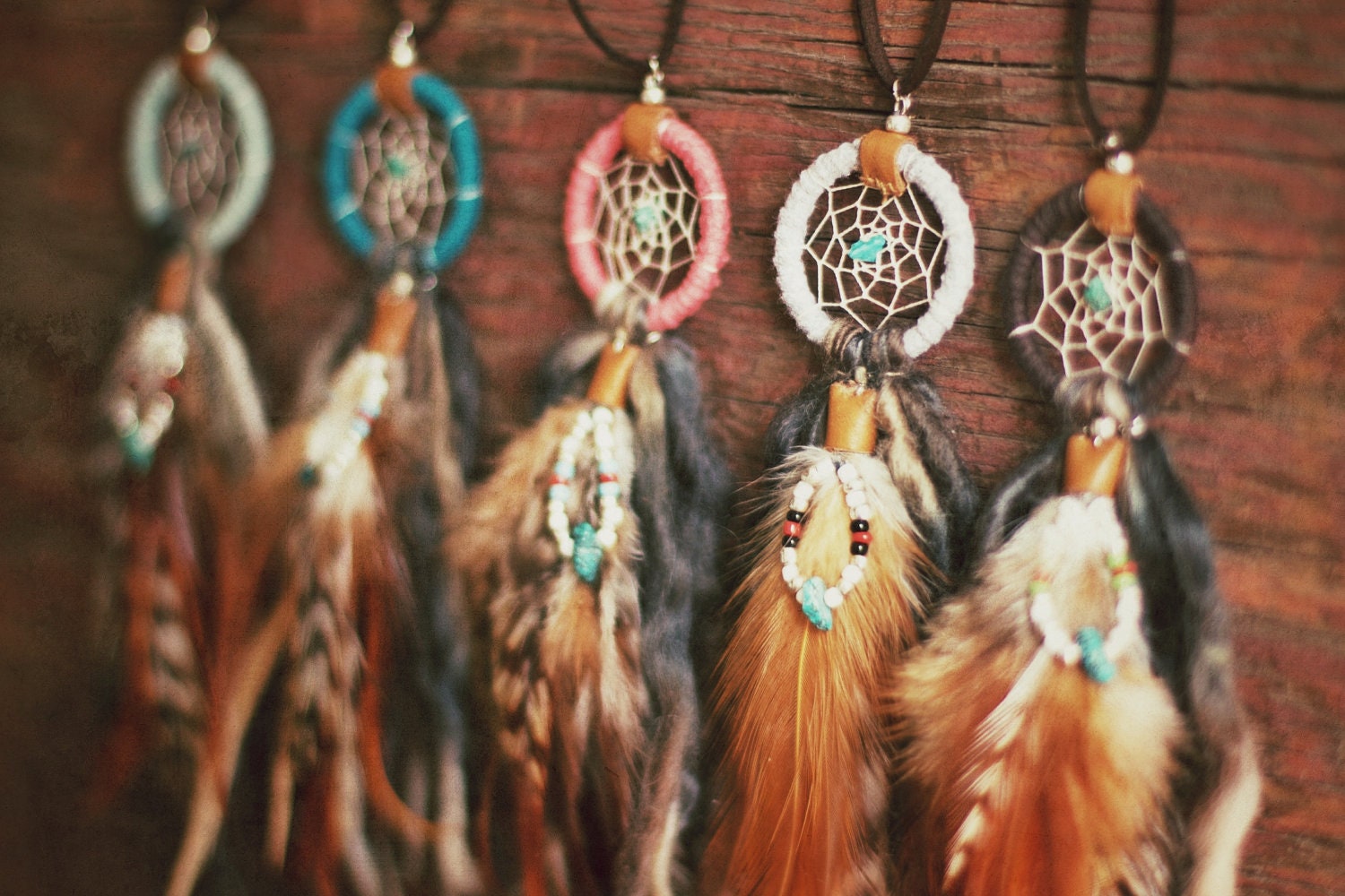 FREE SHIPPING, Dreamcatcher necklace with hackle feather charm, recycled yarn,upcycled,native american, color option,hippie,boho,southwest
