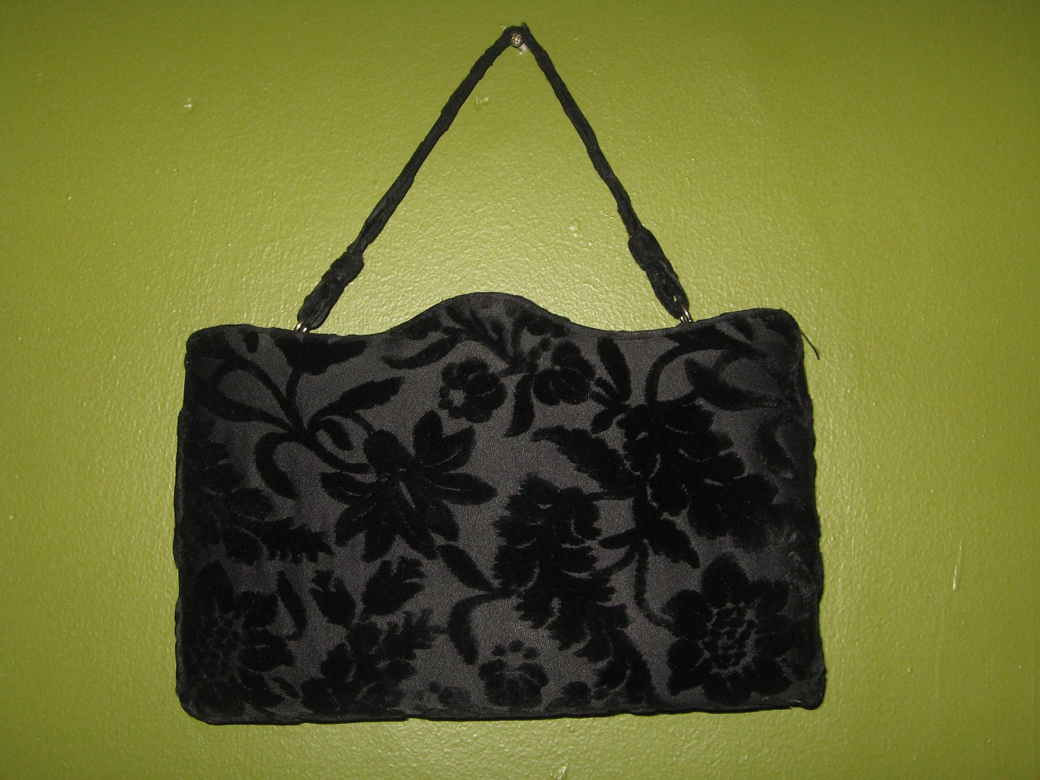 1940s vintage, Lewis black chenille evening bag, rhinestone closure