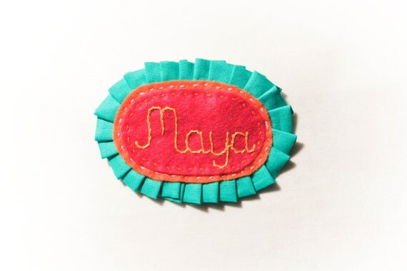 Name Tag - Pink Felt, Teal Ruffle, Hand-embroidered Personalized Pin for Girls Il_570xn