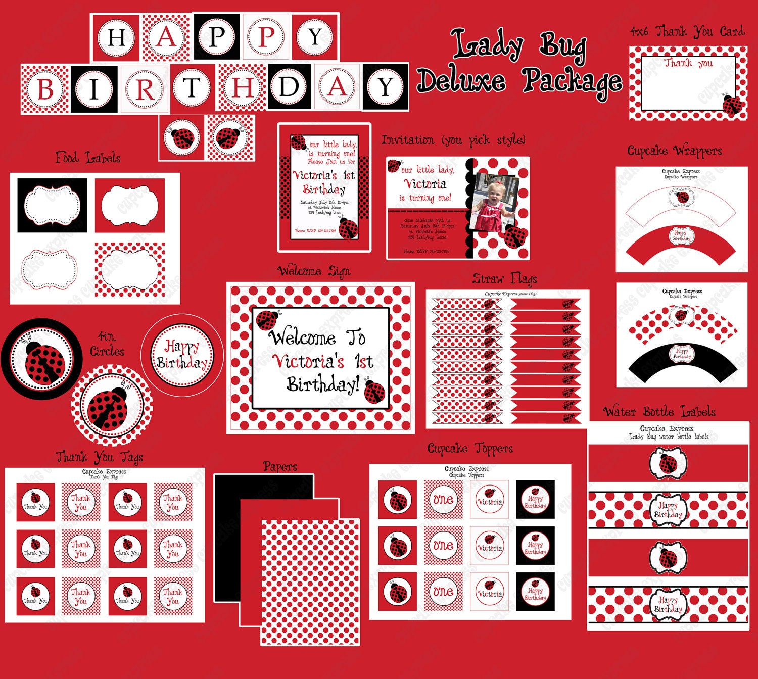 DIY Ladybug Deluxe  Birthday Collection PRINTABLE Party Package  Banner Cupcake toppers Invitation more...