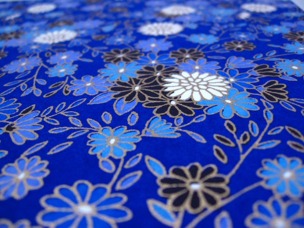 Washi Paper, Self Adhesive: White, Blue, Black Flowers on Cobalt Blue - chickydoddle
