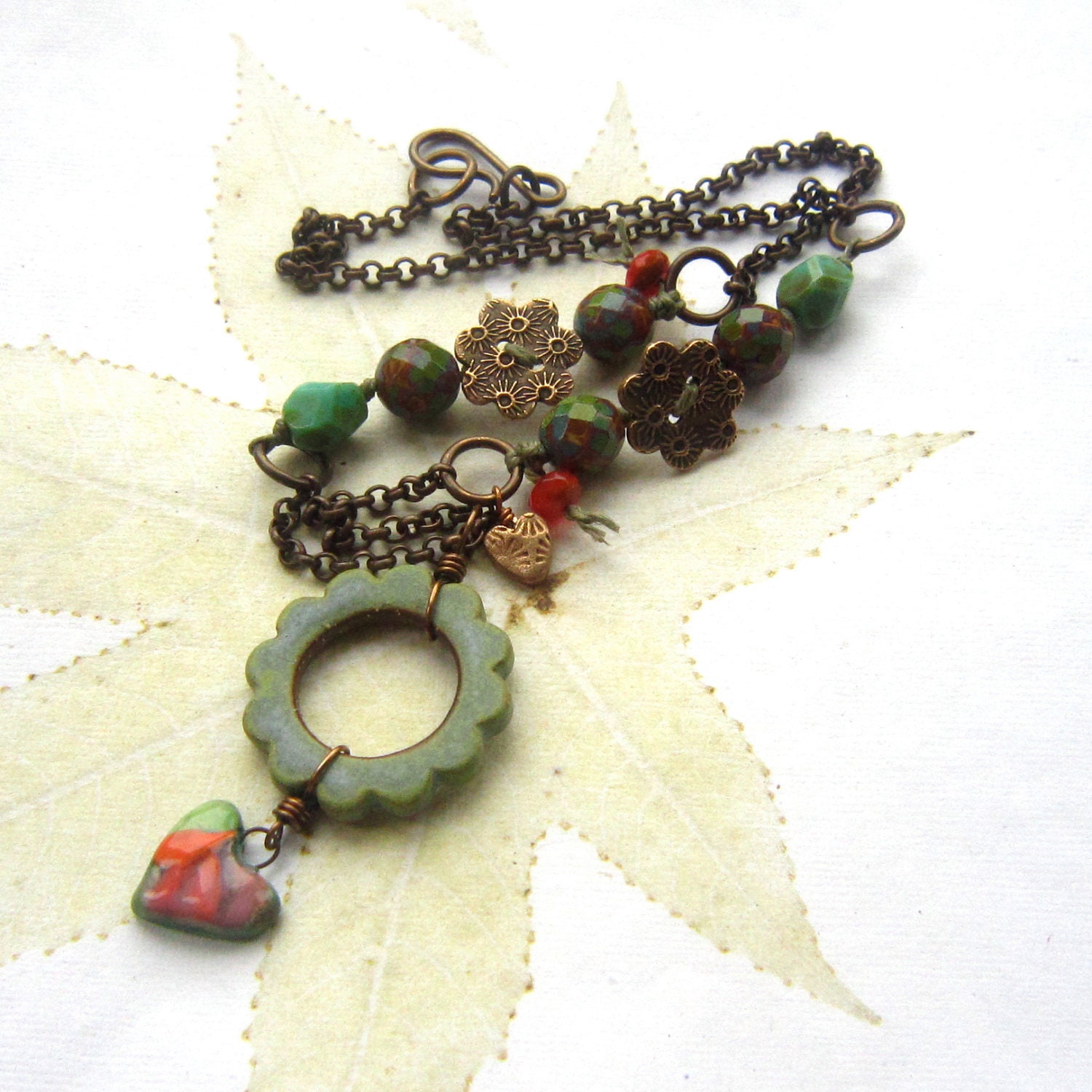 Ceramic beaded necklace, beaded necklace, ceramic pendant, Flower necklace, Hearts and flowers