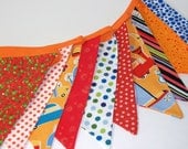 Child's Fabric Holiday Party Banner, Bunting, Flags, Garland, Wall Dec in Orange, Blue, Green