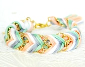 Iced Mint & Peaches - Peachy Keen, Pearl, Platinum,  Mint  - Chevron Braided Modern Friendship Bracelet - Gold Chain