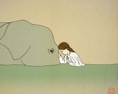 Elephant and girl wall art 12x16 illustration for nursery