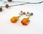 Czech Art Deco Earrings Burnt Orange Glass Dangle  Screw Back 1920s Signed Jewelry
