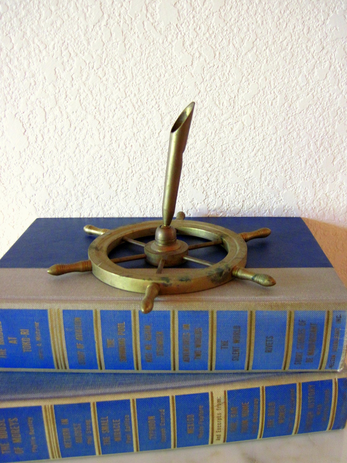 Vintage Brass Pen Holder- Ship Wheel - Paperweight - Nautical Home Decor