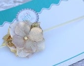 Gold Velvet Flower w/ Pearl Center on Beige Stretch Headband Hairband for Infant, Newborn, Toddler, Adult Bow Photo Prop Holidays Christmas