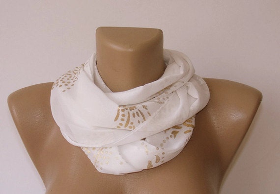 fashion women scarf, chiffon scarf, women scarves, gift ideas, for her, gold gilt, handmade gift scarf, white scarves