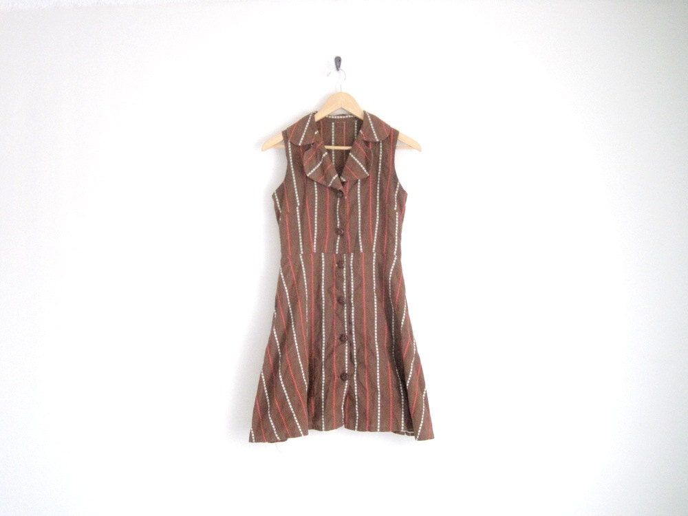 vintage 60s brown floral striped dress with button down