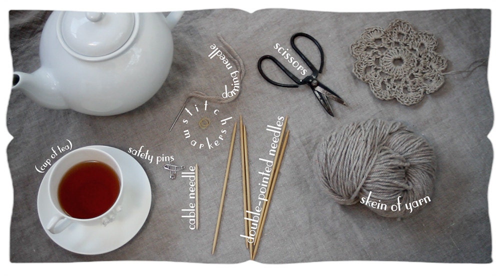 learn to knit kit, cabled mittens video tutorial kit in steel grey. knitting traditions, old school.