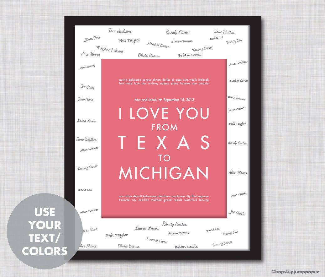Wedding Guest Book Poster, Texas to Michigan, 11x14, Unframed, MADE TO ORDER - Use Your Text/Colors