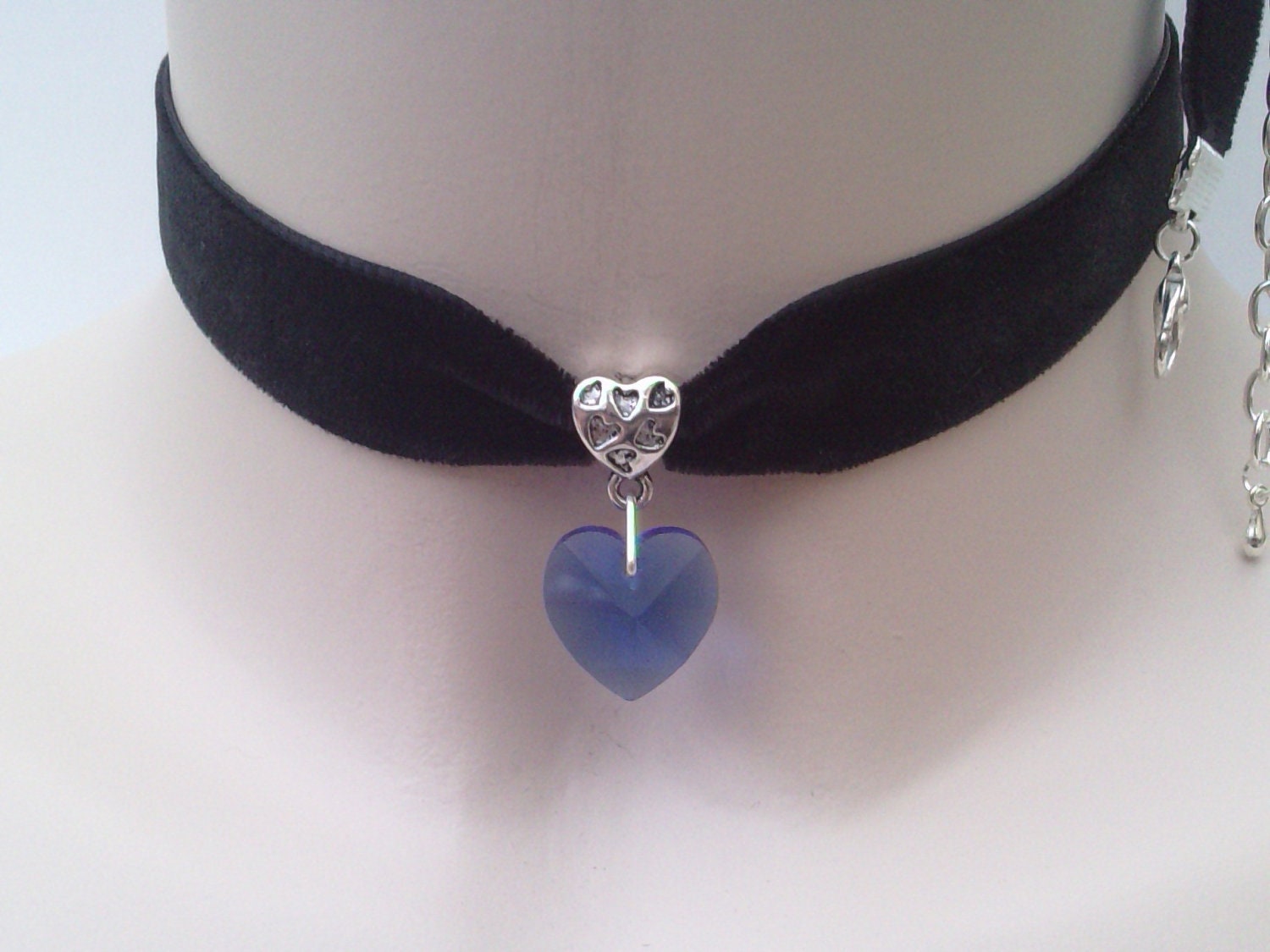 Large BLUE Glass HEART Charm Pendant  -  Black Velvet Ribbon Choker Necklace -s... or choose another colour velvet or heart :)