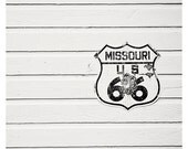 route 66 black and white road sign photo print - whimsical fine art photography, missouri, highway, building, stripes - 8x8