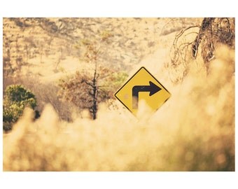 road sign yellow landscape photo print - whimsical fine art nature photography, tree, escape, dream, trip - 14x11