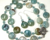 Seafoam Necklace Earrings Combo, Black Gold Amazonite and Pacific Opal Swarovski Crystal Necklace and Earring Set