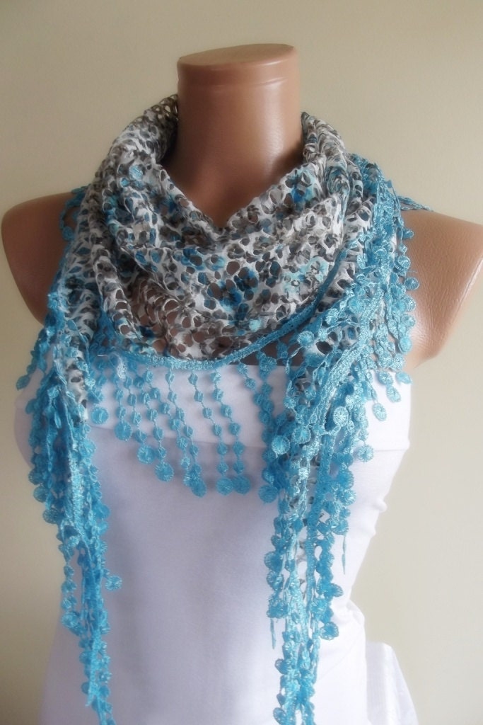 blue scarf with lace edge stylish scarf shawl gift for her christmas gift bridal