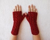 Hand-knitted Cabled Fingerless Gloves/ Wrist Warmers Red