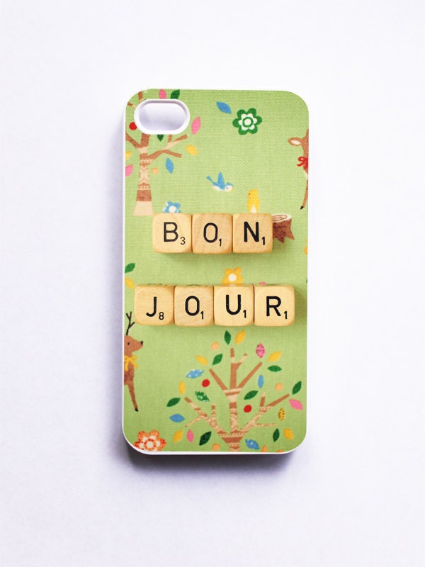 iPhone Case: Bonjour. White Case. Scrabble Blocks. Green. French Words. READY-TO-SHIP