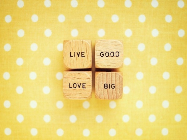 Live Good Love Big. Fine Art Photography. Scrabble Dice. Sunny Yellow. Polka Dots. Home Décor. Size A4