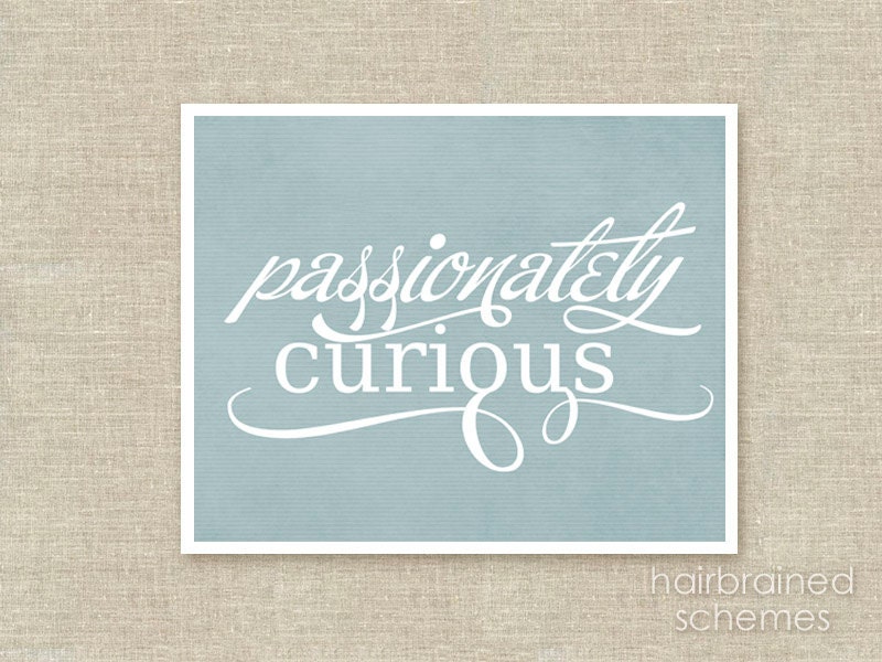 Passionately Curious -Back to School Inspirational Albert Einsten Quote - Smoke Blue Grey Gray Digital Art Poster Print