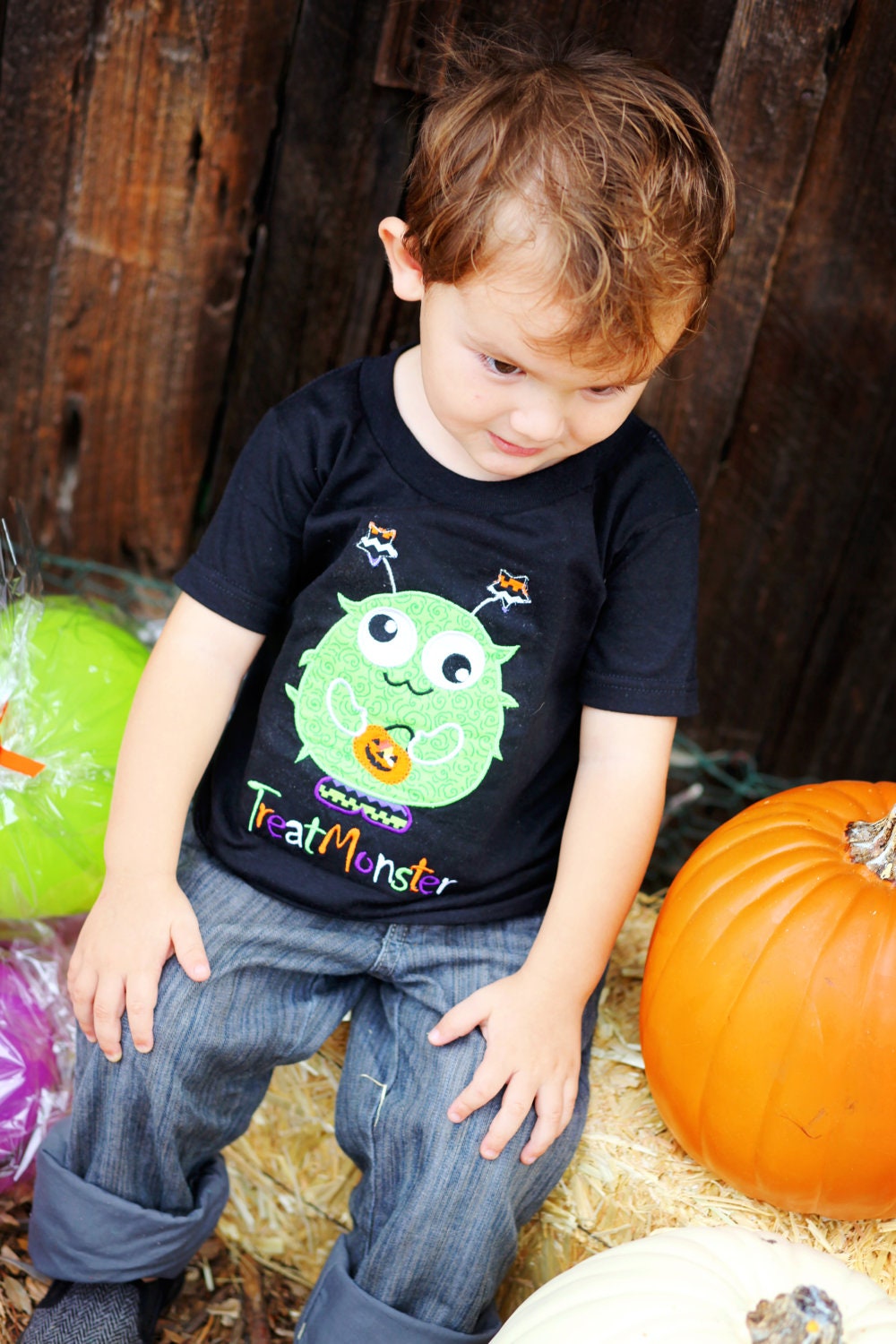 Treat Monster---Fun Halloween-- Appliqued Embroidered Shirt or Onesie--Trick or Treat Bag