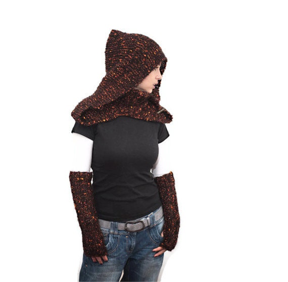 Knit Shawl/ Hand Knit Wool Shawl and Hood Mohair with a Turtleneck in Set with Handwarmers, Women Fashion by Solandia, orange brown