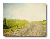 Country Landscape Photography, dirt road, rustic art, lime, green, field, blue sky, clouds, farmhouse chic, country decor