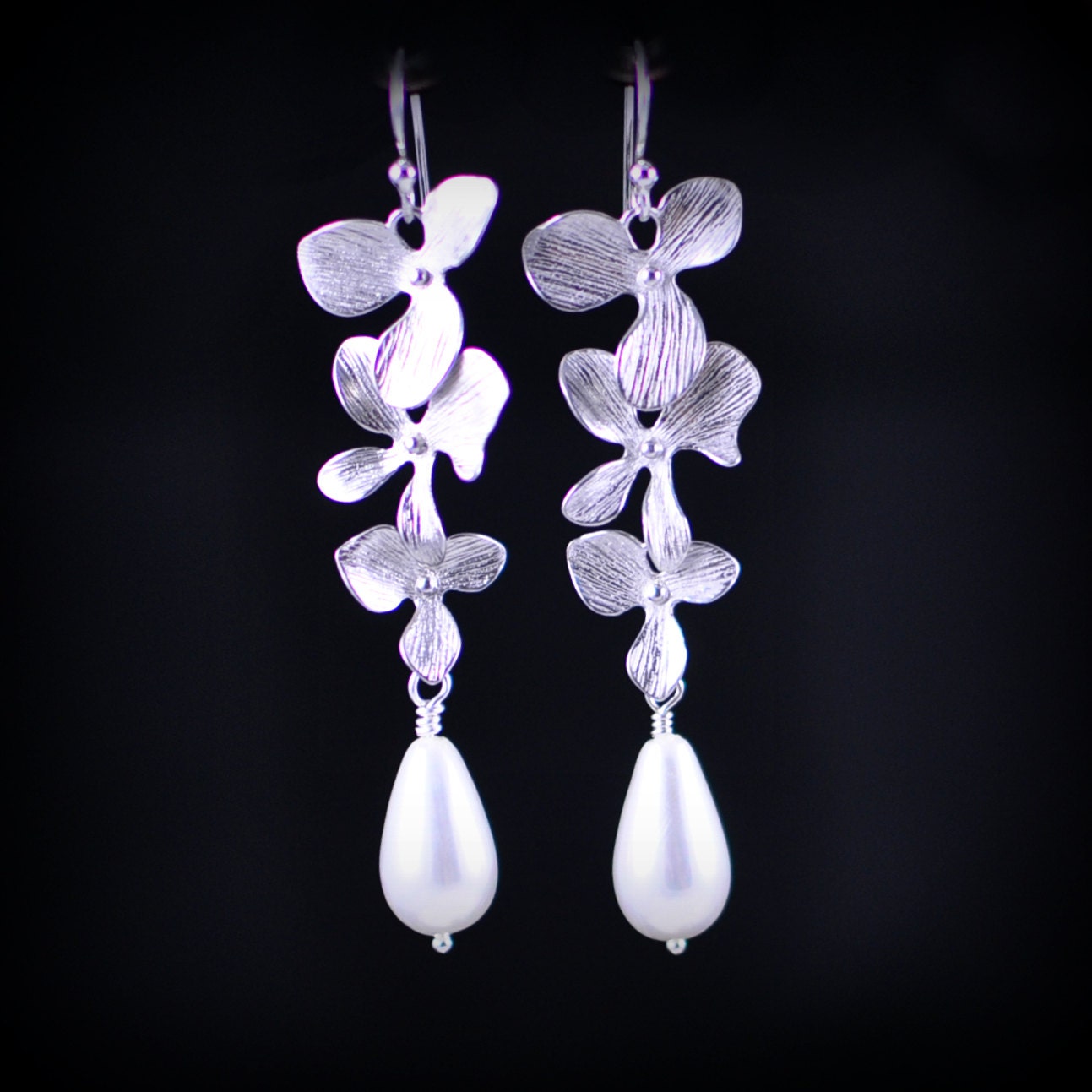 Bridal Earrings Triple Orchid Flowers AAA South Sea Shell Pearl Drop Earrings Bridesmaid Pearl Earrings Sterling Silver Ready to Ship