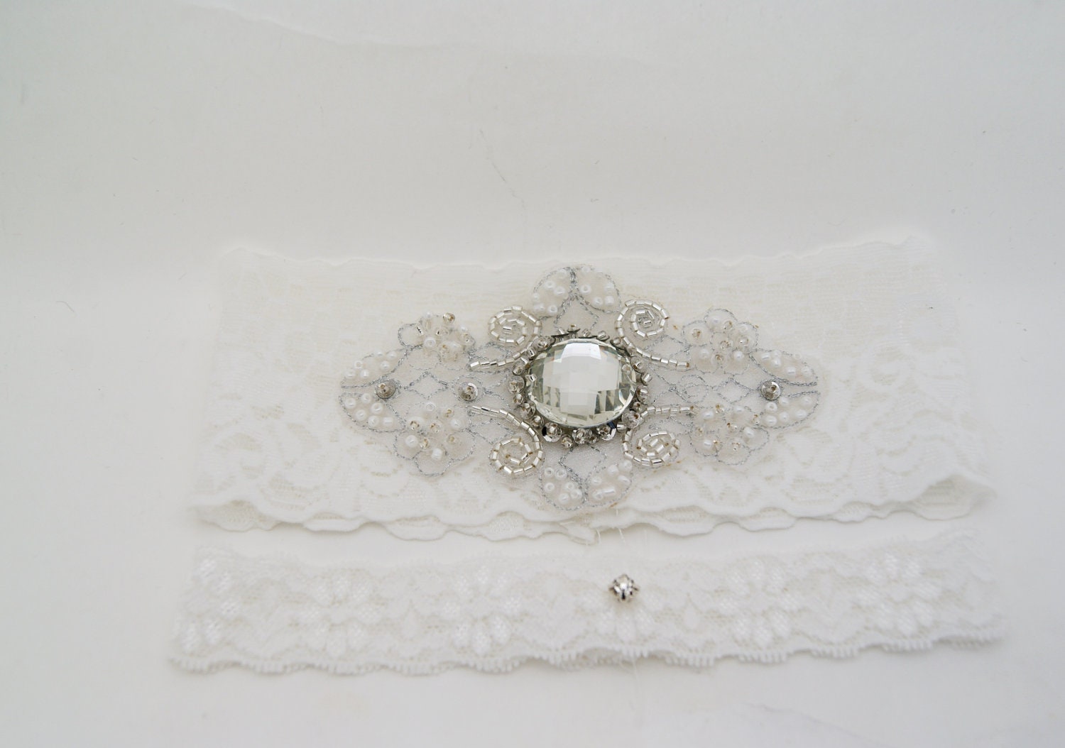 garter set, bridal garter set, lace garter, diamond white (off white) set of lace garter with embroidered organza applique