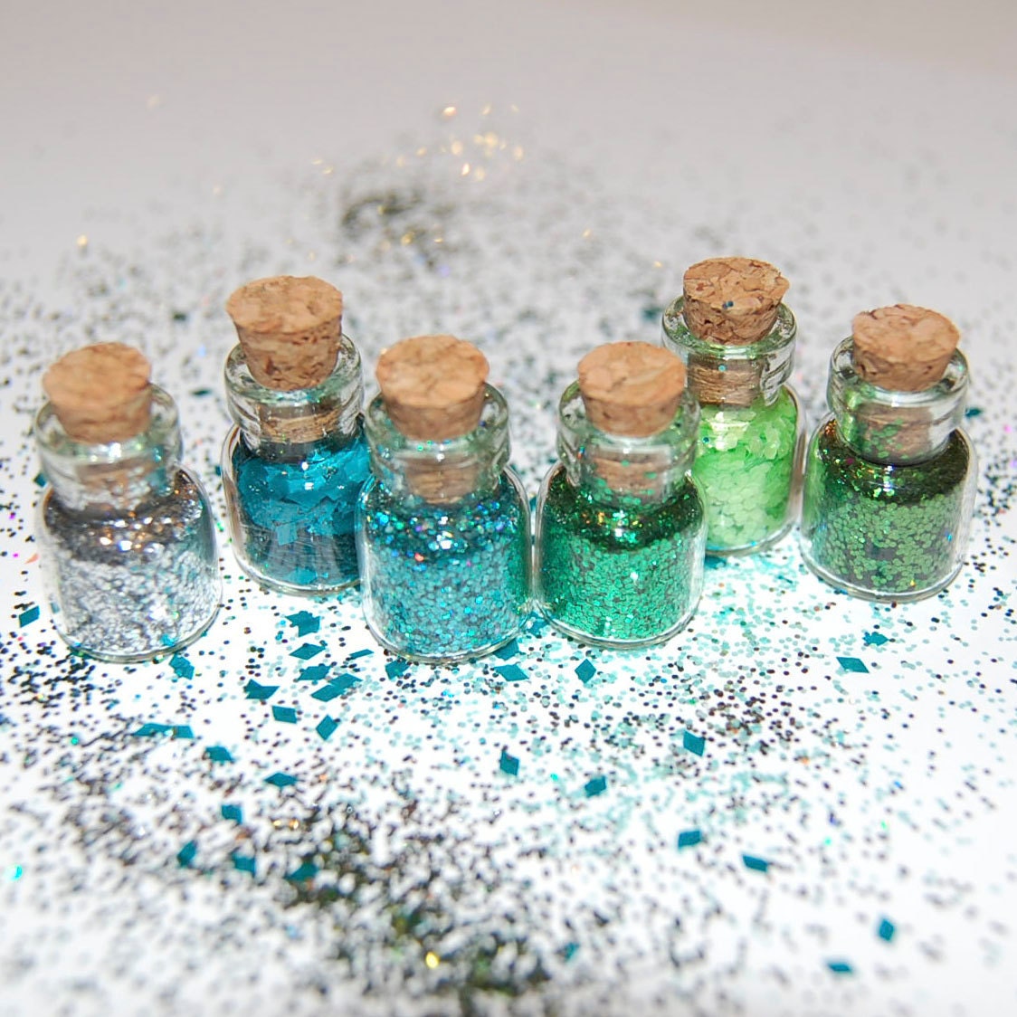 Miniature Nail Glitter in Greens and Silver: Sampler of 6 SOLVENT RESISTANT Glitters in Tiny Glass Bottles with Cork