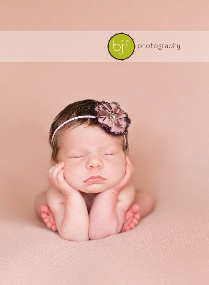 Baby headband, newborn headband,  photography prop. The Rose Mini vintage inspired rose pink flower on skinny headband