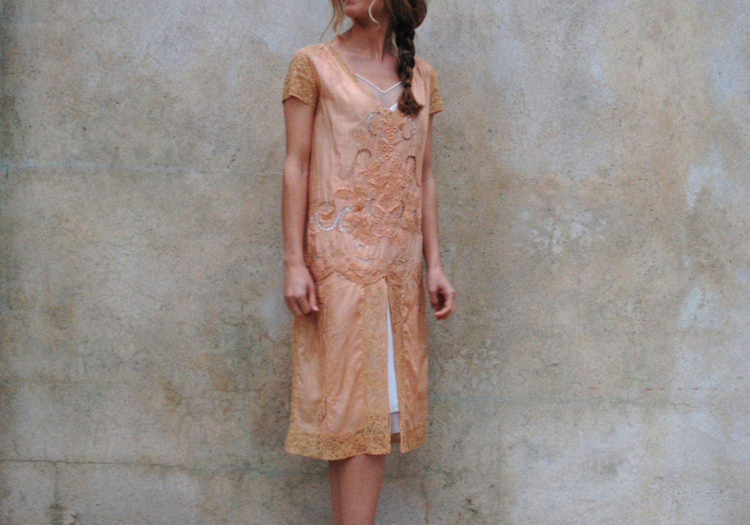 1920s flapper wedding dress - 20s collectible peach embroidered lace wedding dress - medium