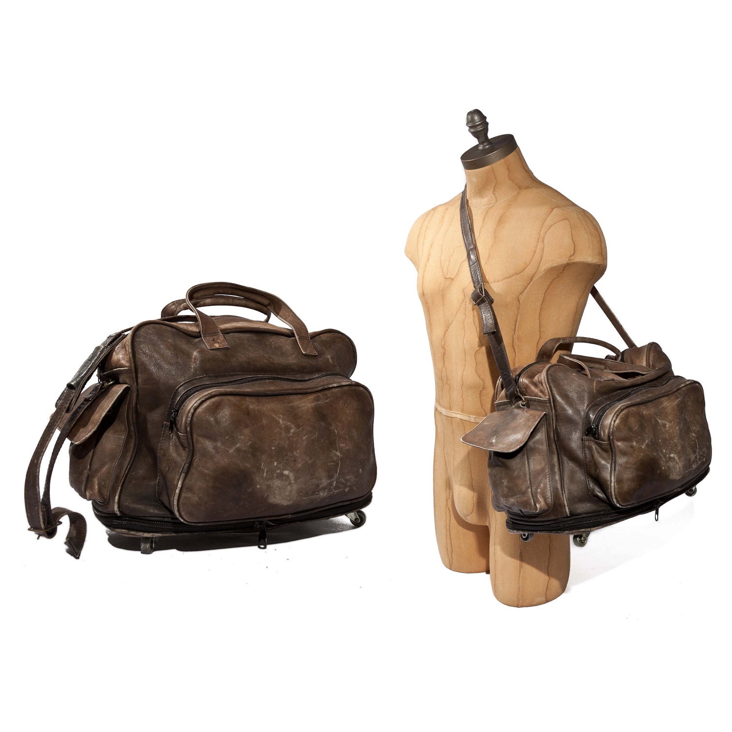 Distressed Weekender Carry-On Travel Bag Faded Black Leather Cross Body Strap