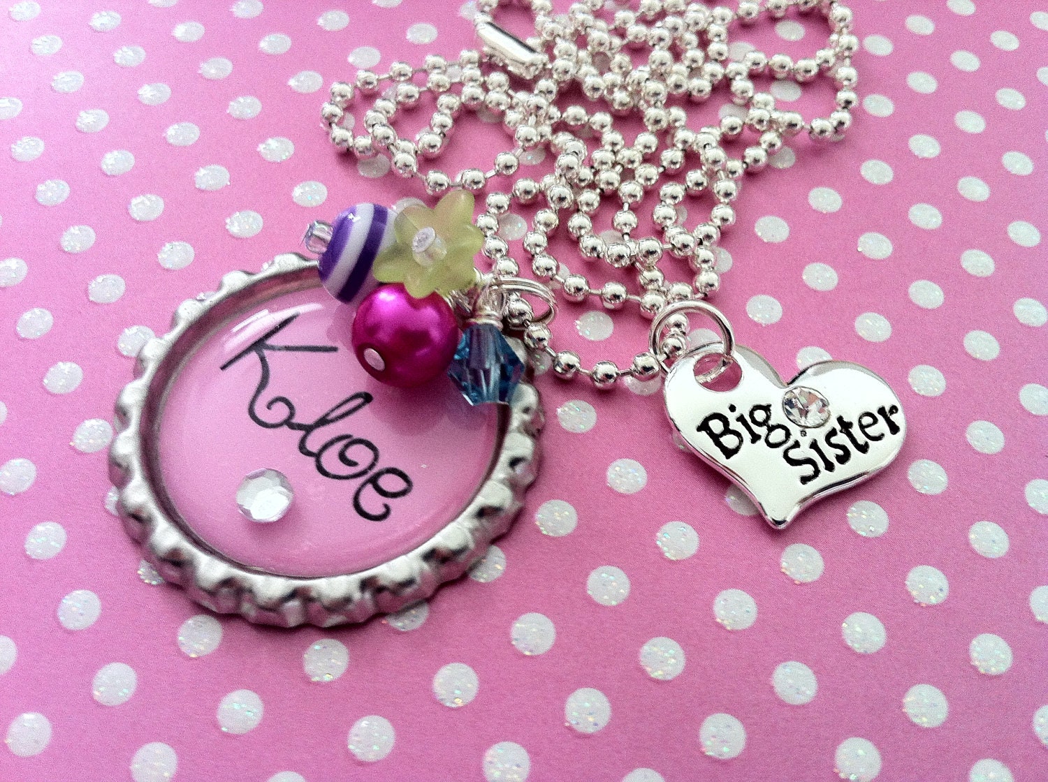 Personalized Girl's Charm Necklace Pink Big Sister Little Sister Bottle Cap Children's Jewelry Easter Basket Present Gift
