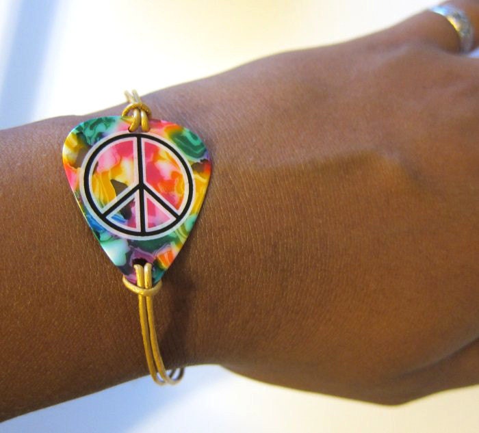 Guitar Pick Bracelet - Tye Dyed Peace Sign with Gold Leather