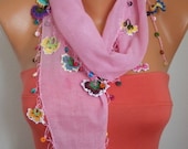 Summer Scarf Shawl - Cotton Weddings Scarves - Cowl with Lace Edge - Pink