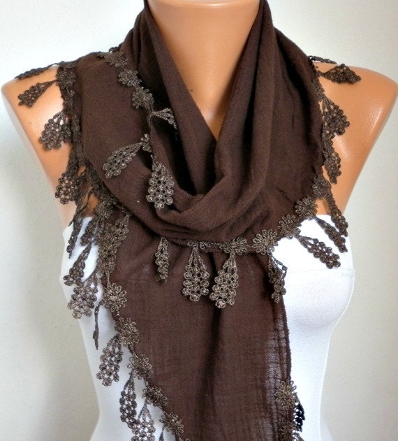 Brown Scarf  - Cotton  Scarf -  Cowl with Lace Edge   -