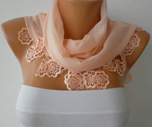 Salmon Scarf  - Cotton  Scarf -  Cowl with Lace Edge   -