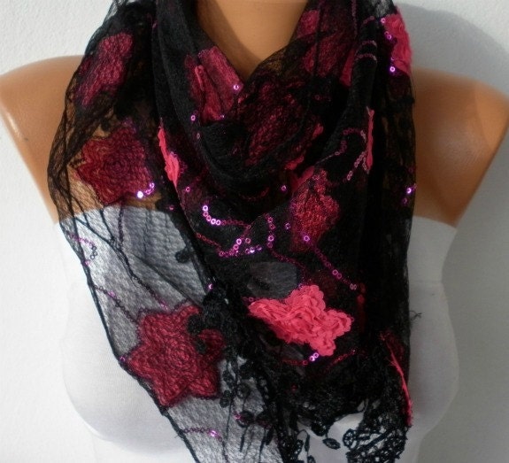 Red Black Sequin Scarf  -   Lace Scarf  Cowl with Lace Edge Bridesmaid Gifts