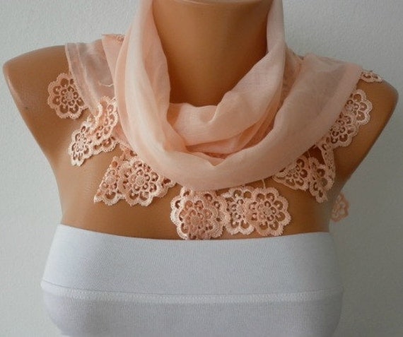Salmon Scarf - Cotton Scarf - Cowl with Lace Edge -