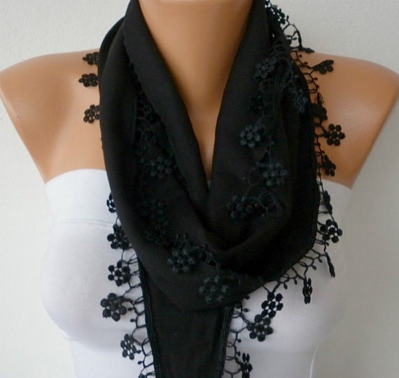 Black Scarf   Pashmina  Scarf   Cowl with Lace Edge   - fatwoman