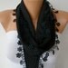Black Scarf   Pashmina  Scarf   Cowl with Lace Edge   - fatwoman