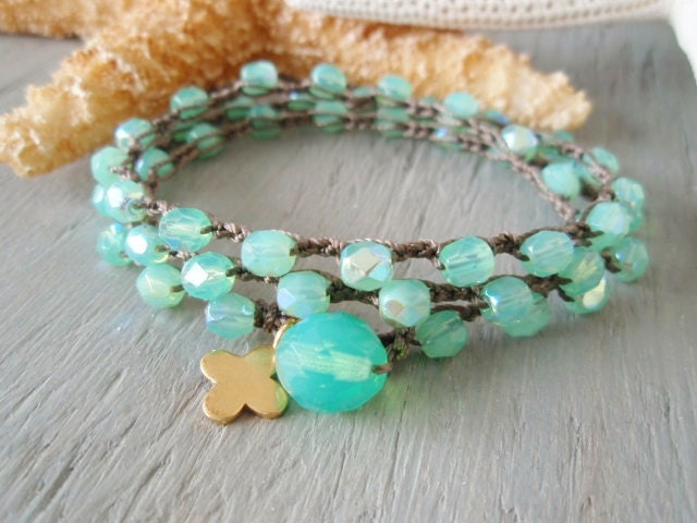 Seafoam green crochet 3x wrap bracelet necklace 2x anklet "Summer Glow" aqua opal , gold vermeil cross clover, surfer beach bohemian