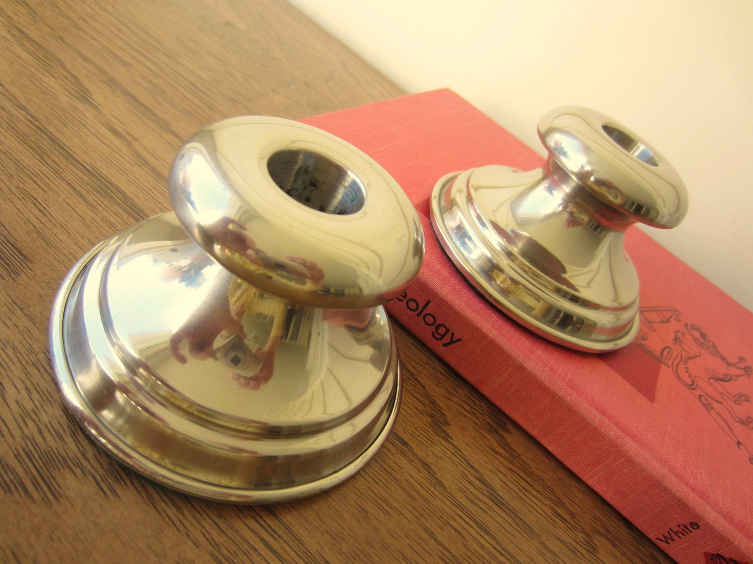 Modern pair of silver candlesticks.  Table decor.
