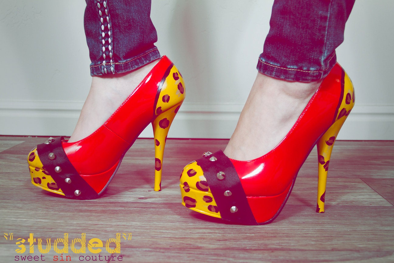 Studded Hand Painted Leopard Print Red High Heel